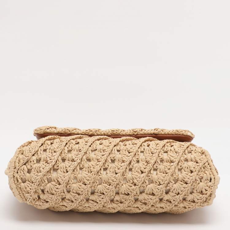 Pre Owned Tory Burch Beige Crochet Straw Small Kira Shoulder Bag