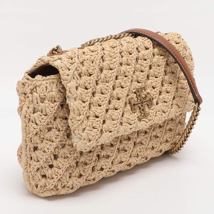 Pre Owned Tory Burch Beige Crochet Straw Small Kira Shoulder Bag