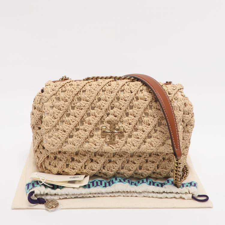 Pre Owned Tory Burch Beige Crochet Straw Small Kira Shoulder Bag