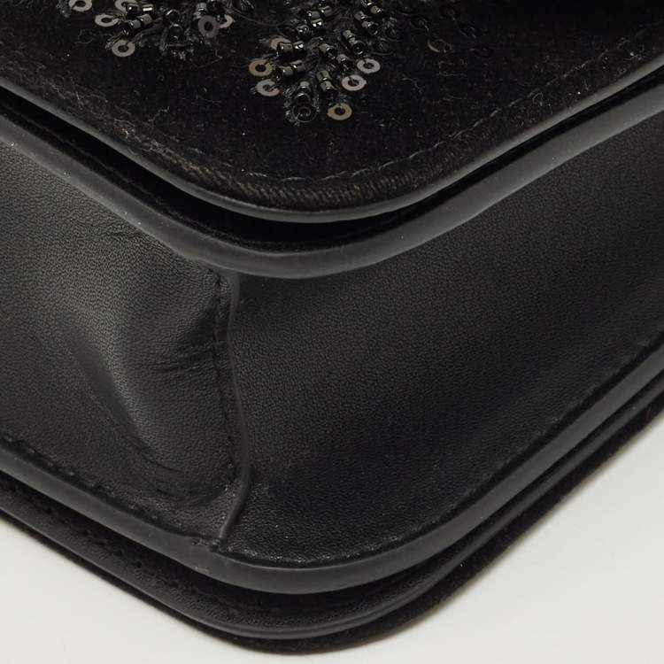 Pre Owned Tory Burch Beaded Eleanor Small Black Leather Convertible Shoulder Bag