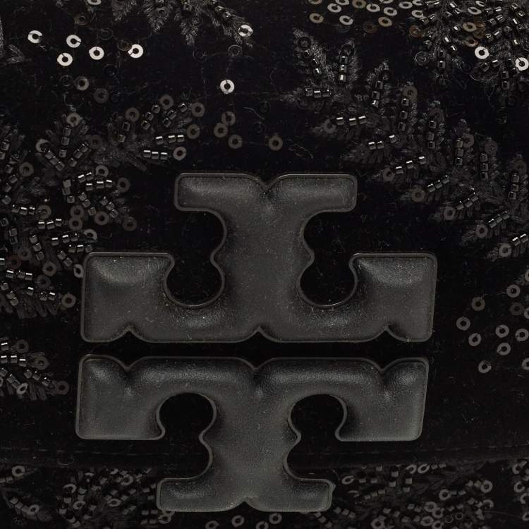 Pre Owned Tory Burch Beaded Eleanor Small Black Leather Convertible Shoulder Bag