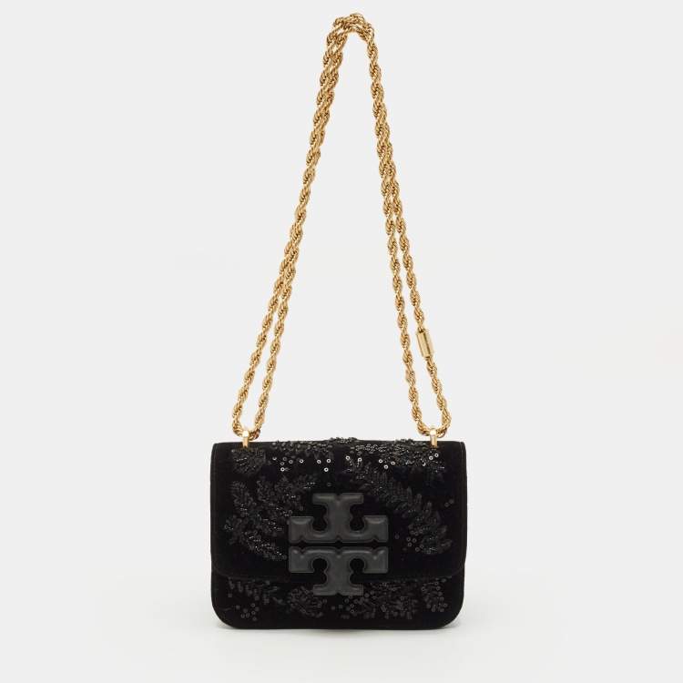 Pre Owned Tory Burch Beaded Eleanor Small Black Leather Convertible Shoulder Bag