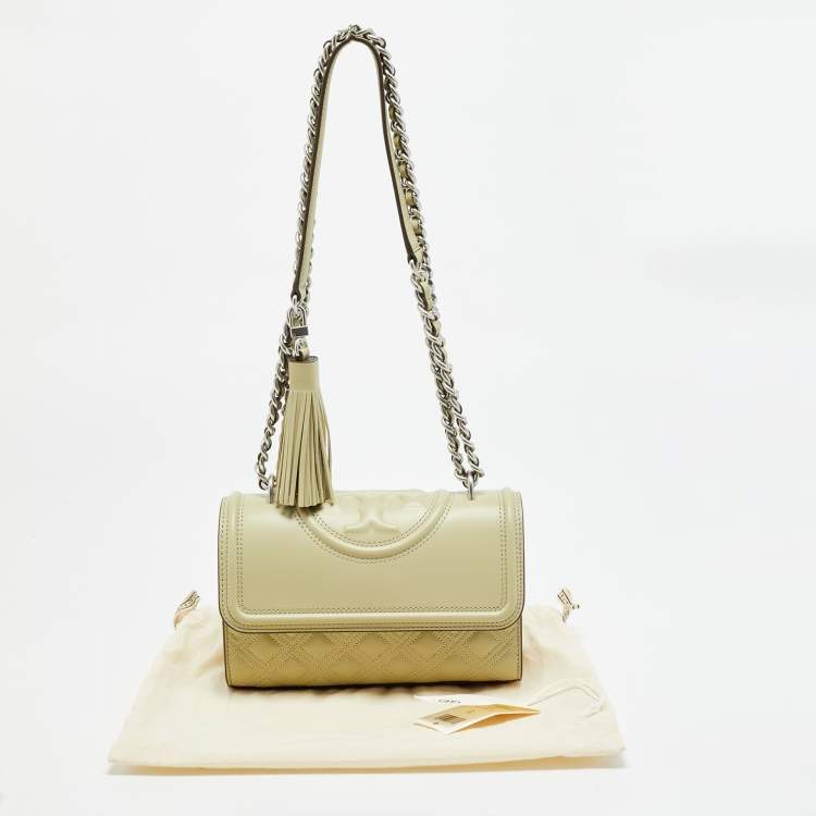 Pre Owned Tory Burch Fleming Small Olive Green Leather Shoulder Bag