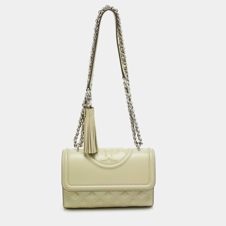 Pre Owned Tory Burch Fleming Small Olive Green Leather Shoulder Bag