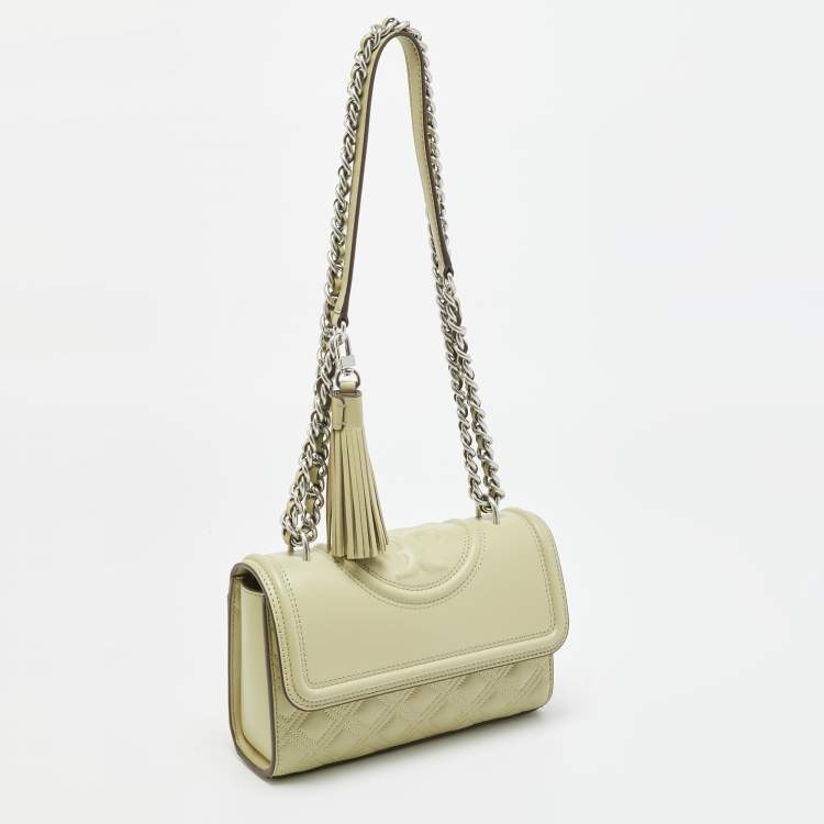 Pre Owned Tory Burch Fleming Small Olive Green Leather Shoulder Bag
