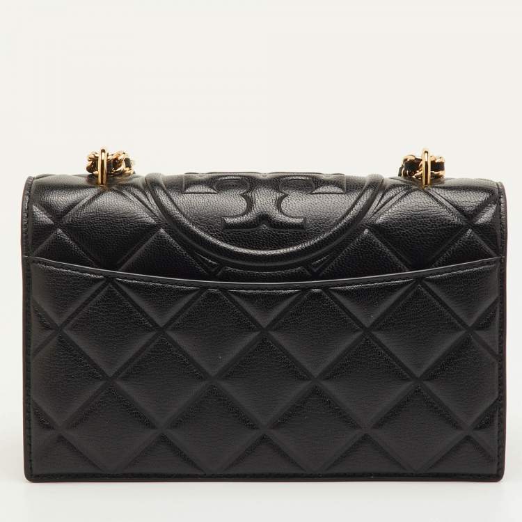 Pre Owned Tory Burch Fleming Small Black Leather Convertible Shoulder Bag