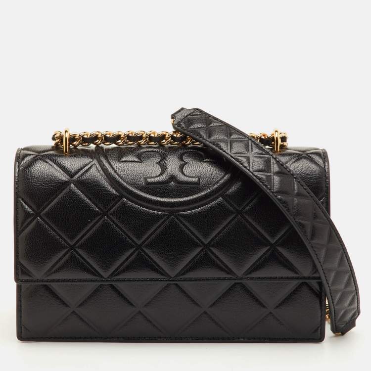 Pre Owned Tory Burch Fleming Small Black Leather Convertible Shoulder Bag