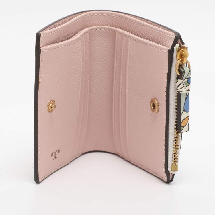 Pre Owned Tory Burch Robinson White/Multicolor Floral Print Leather Compact Wallet