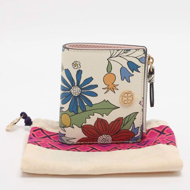 Pre Owned Tory Burch Robinson White/Multicolor Floral Print Leather Compact Wallet