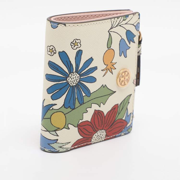 Pre Owned Tory Burch Robinson White/Multicolor Floral Print Leather Compact Wallet