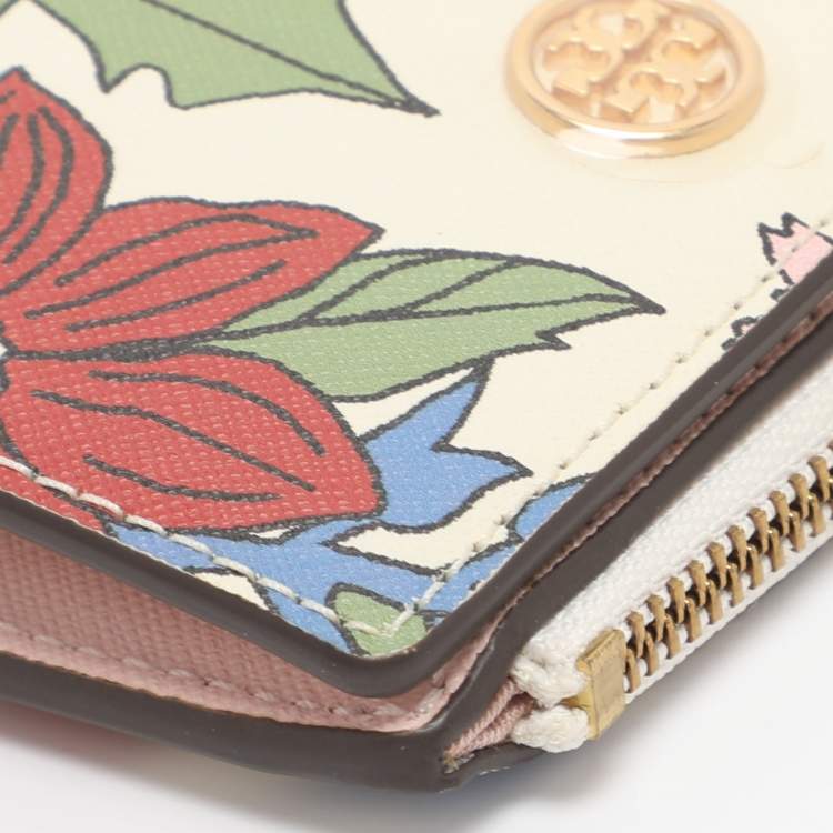 Pre Owned Tory Burch Robinson White/Multicolor Floral Print Leather Compact Wallet