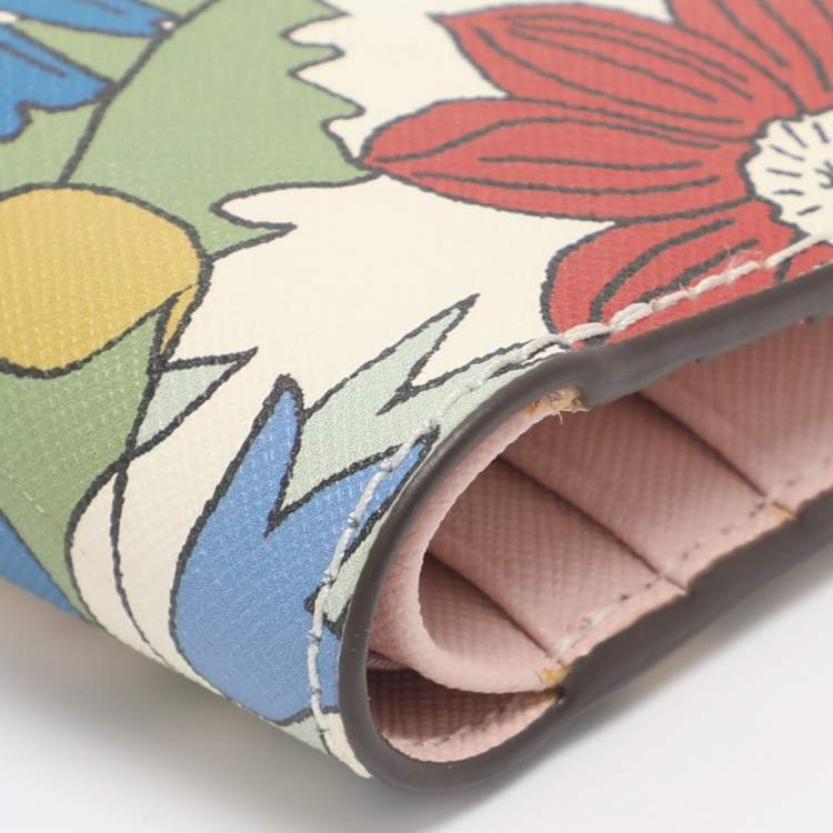 Pre Owned Tory Burch Robinson White/Multicolor Floral Print Leather Compact Wallet