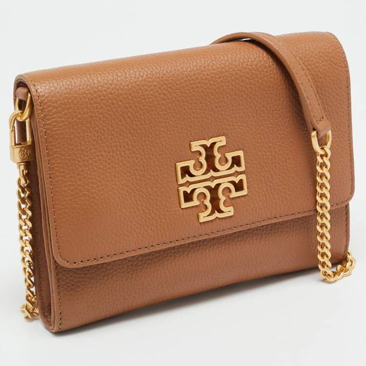 Pre Owned Tory Burch Britten Brown Leather Wallet On Chain