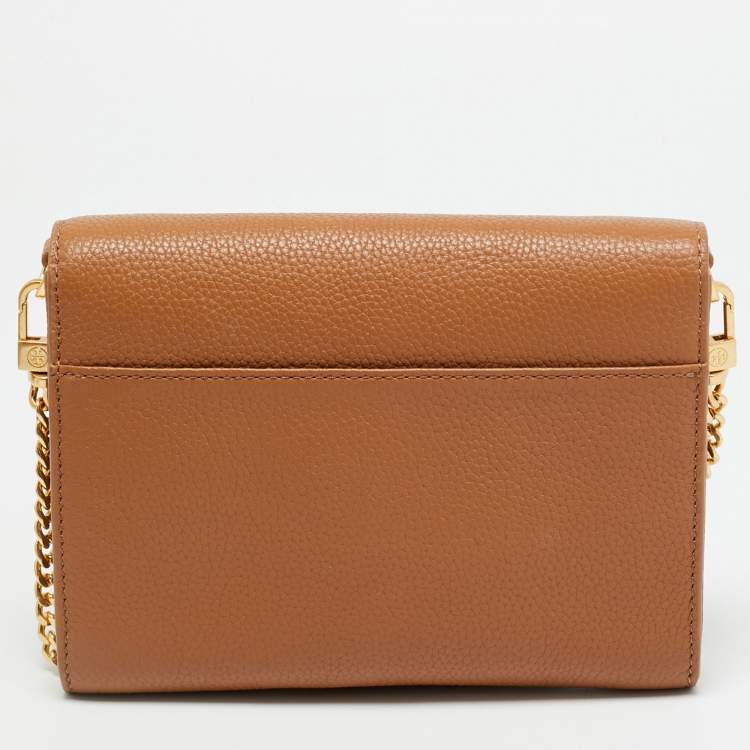 Pre Owned Tory Burch Britten Brown Leather Wallet On Chain