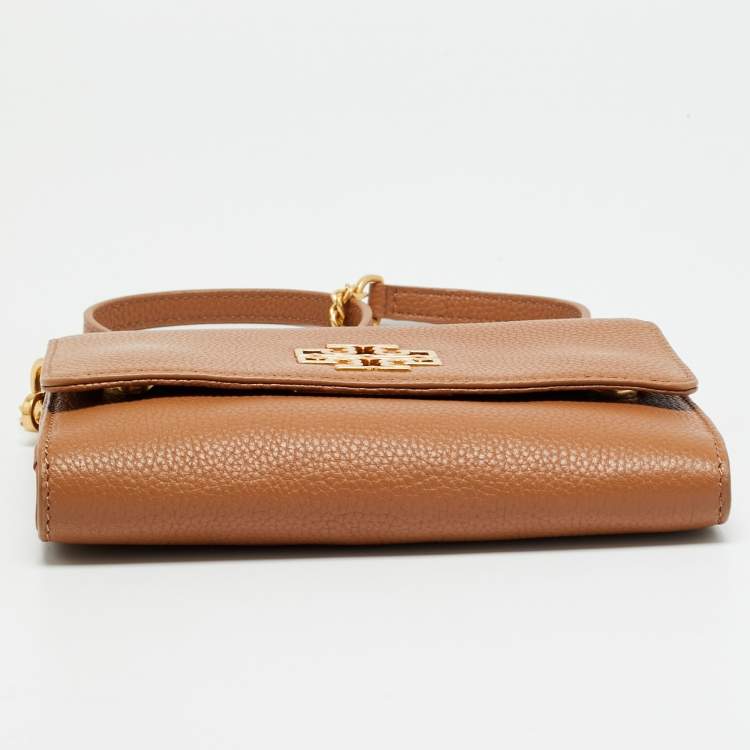 Pre Owned Tory Burch Britten Brown Leather Wallet On Chain