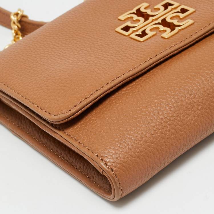 Pre Owned Tory Burch Britten Brown Leather Wallet On Chain