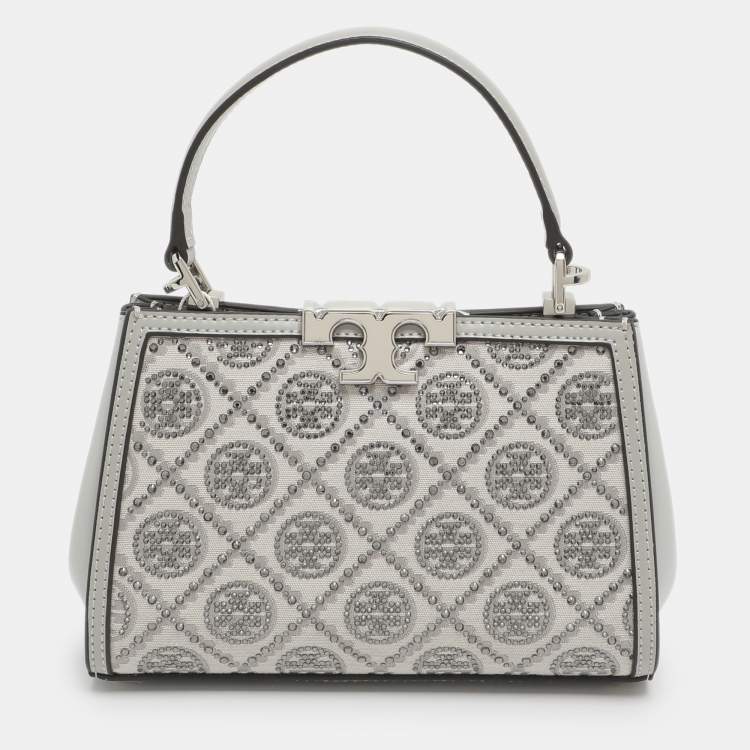 Pre Owned Tory Burch Eleanor Mini Grey Fabric and Leather Top Handle Bag