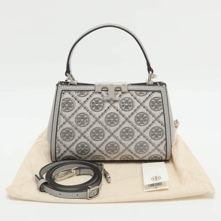 Pre Owned Tory Burch Eleanor Mini Grey Fabric and Leather Top Handle Bag