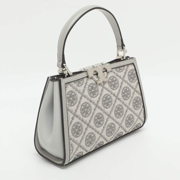 Pre Owned Tory Burch Eleanor Mini Grey Fabric and Leather Top Handle Bag