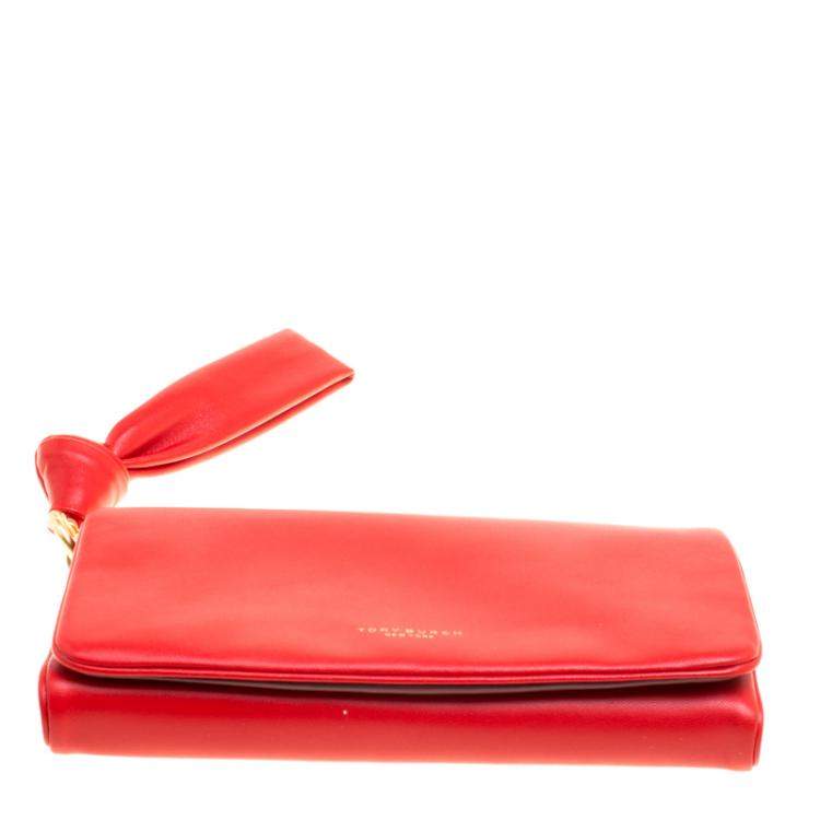 Pre Owned Tory Burch Coral Red Leather Beau Wristlet