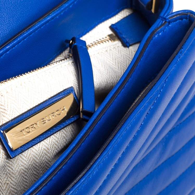 Tory Burch Blue Chevron Leather Kira Top Handle Bag