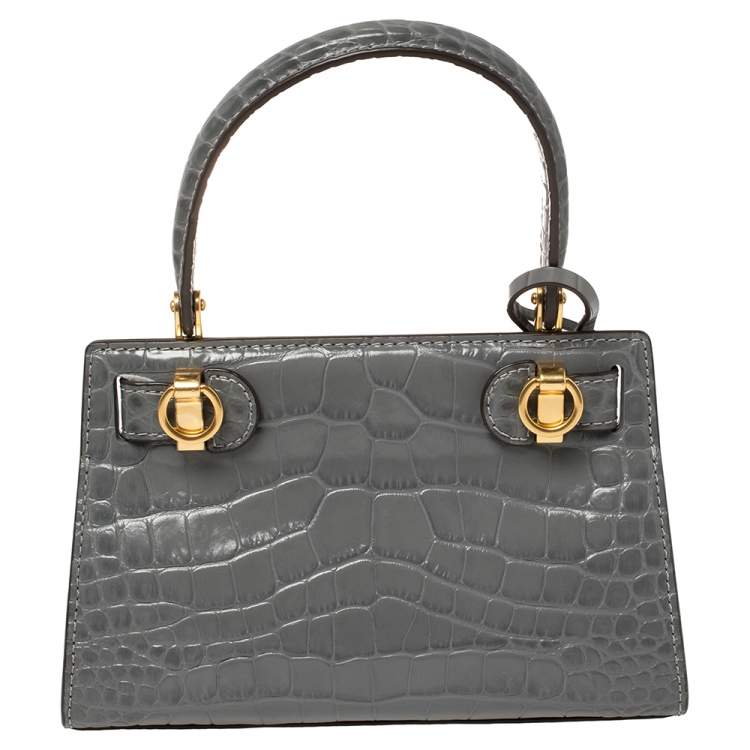 Pre Owned Tory Burch Grey Croc Embossed Leather Petite Lee Radziwill Top Handle Bag
