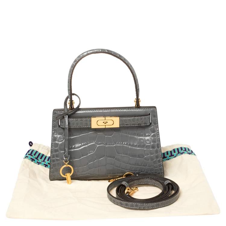 Pre Owned Tory Burch Grey Croc Embossed Leather Petite Lee Radziwill Top Handle Bag
