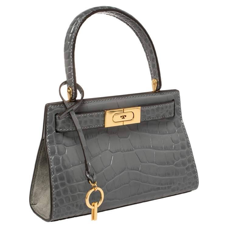 Pre Owned Tory Burch Grey Croc Embossed Leather Petite Lee Radziwill Top Handle Bag