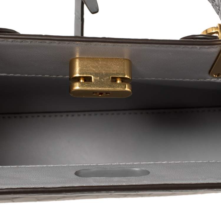 Pre Owned Tory Burch Grey Croc Embossed Leather Petite Lee Radziwill Top Handle Bag