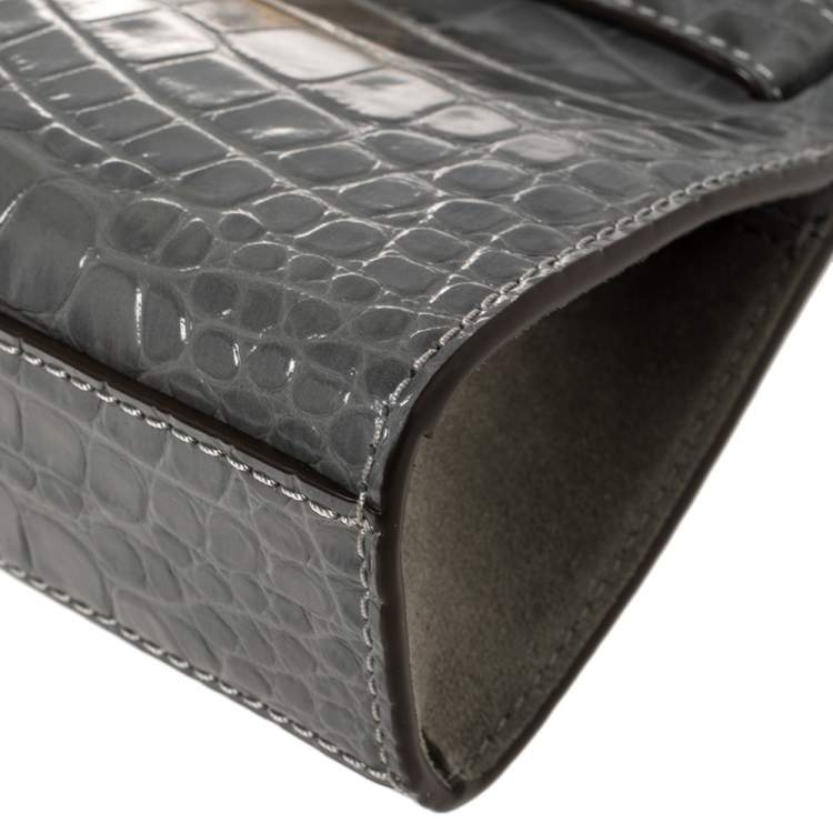 Pre Owned Tory Burch Grey Croc Embossed Leather Petite Lee Radziwill Top Handle Bag