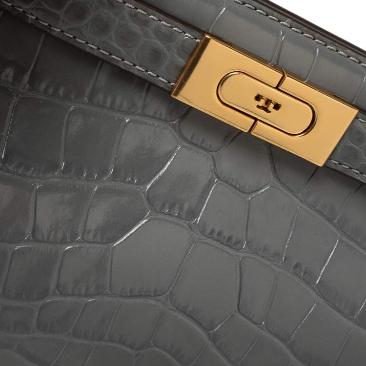 Pre Owned Tory Burch Grey Croc Embossed Leather Petite Lee Radziwill Top Handle Bag