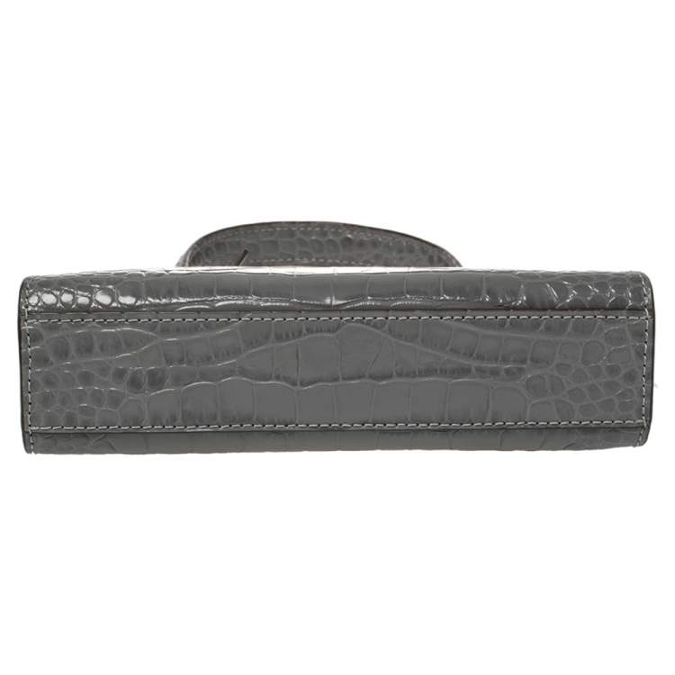 Pre Owned Tory Burch Grey Croc Embossed Leather Petite Lee Radziwill Top Handle Bag