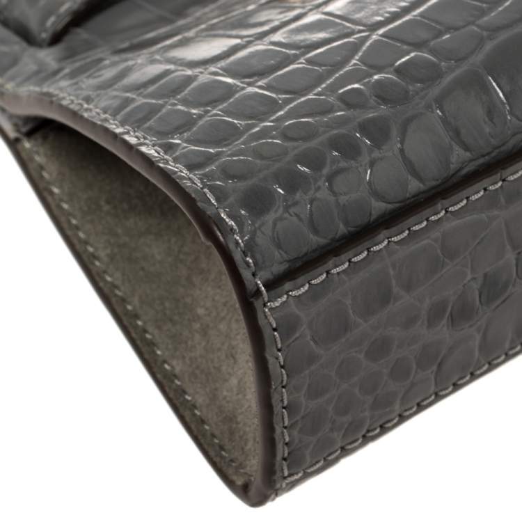 Pre Owned Tory Burch Grey Croc Embossed Leather Petite Lee Radziwill Top Handle Bag