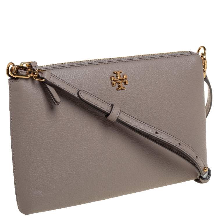 Pre Owned Tory Burch Grey Pebbled Leather Kira Top Zip Crossbody Bag