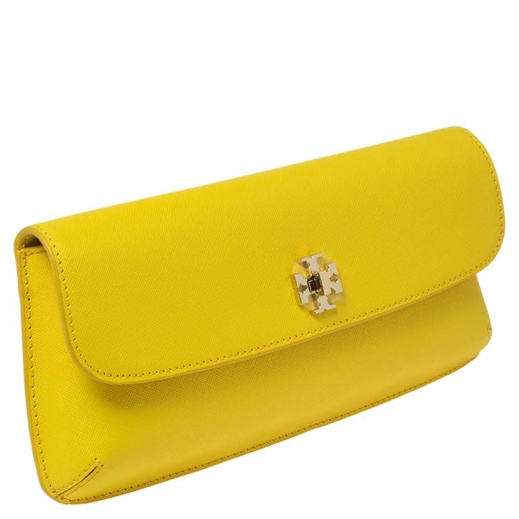 Pre Owned Tory Burch Yellow Leather Slim Diana Flap Clutch
