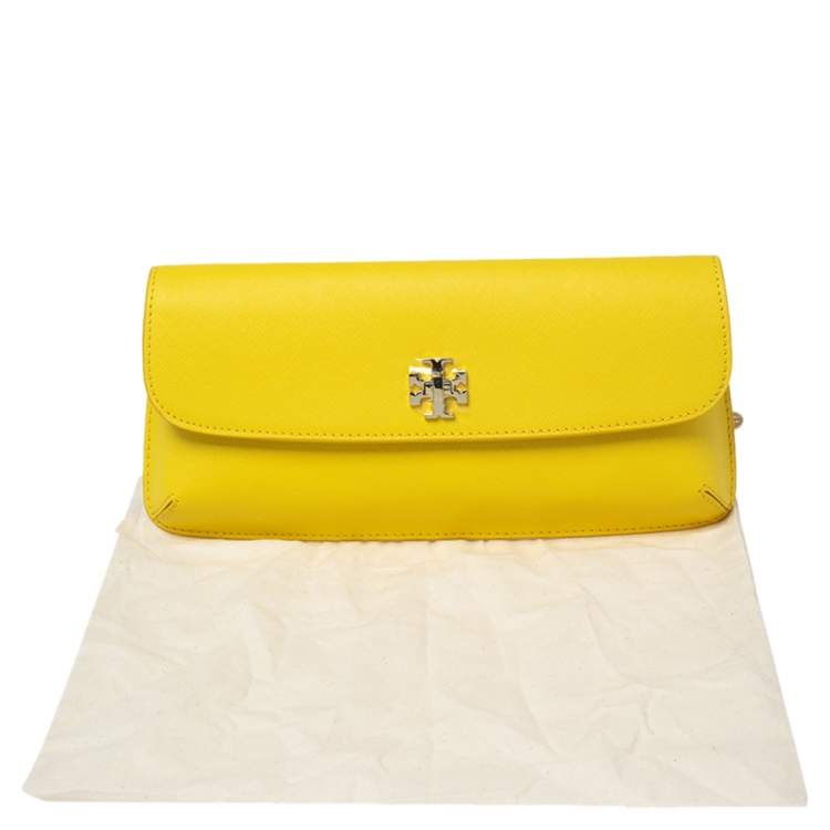 Pre Owned Tory Burch Yellow Leather Slim Diana Flap Clutch