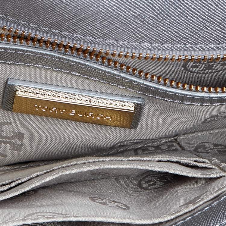 Pre Owned Tory Burch Silver Leather Slim Diana Flap Clutch