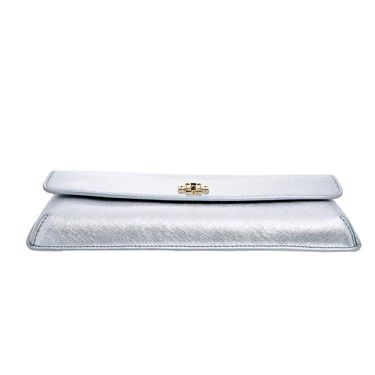 Pre Owned Tory Burch Silver Leather Slim Diana Flap Clutch