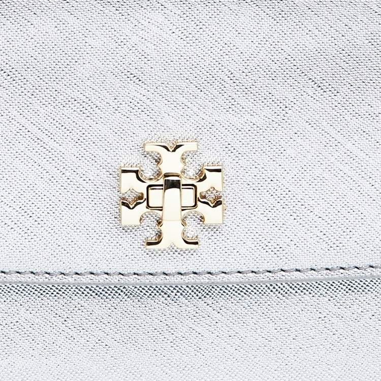 Pre Owned Tory Burch Silver Leather Slim Diana Flap Clutch