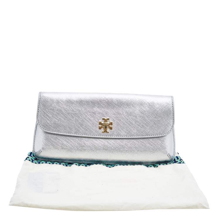Pre Owned Tory Burch Silver Leather Slim Diana Flap Clutch