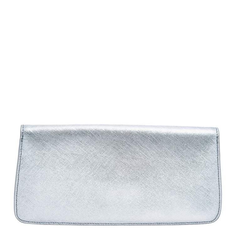 Pre Owned Tory Burch Silver Leather Slim Diana Flap Clutch