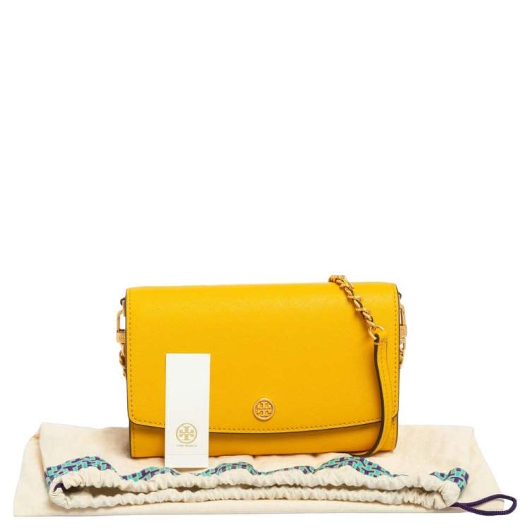 Pre Owned Tory Burch Mustard Saffiano Leather Robinson Wallet on Chain