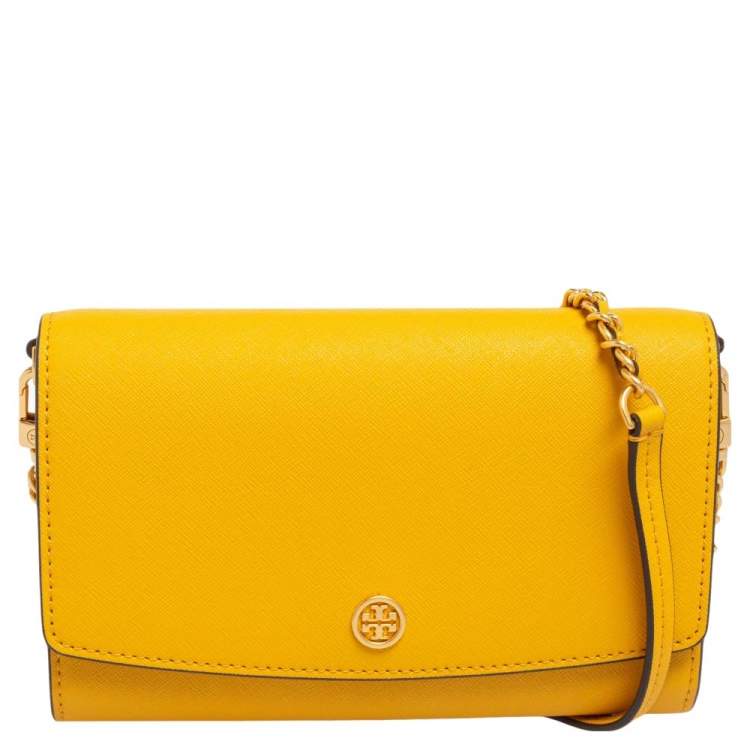 Pre Owned Tory Burch Mustard Saffiano Leather Robinson Wallet on Chain