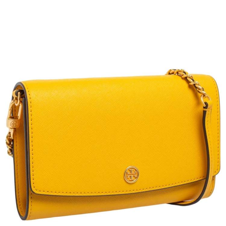 Pre Owned Tory Burch Mustard Saffiano Leather Robinson Wallet on Chain
