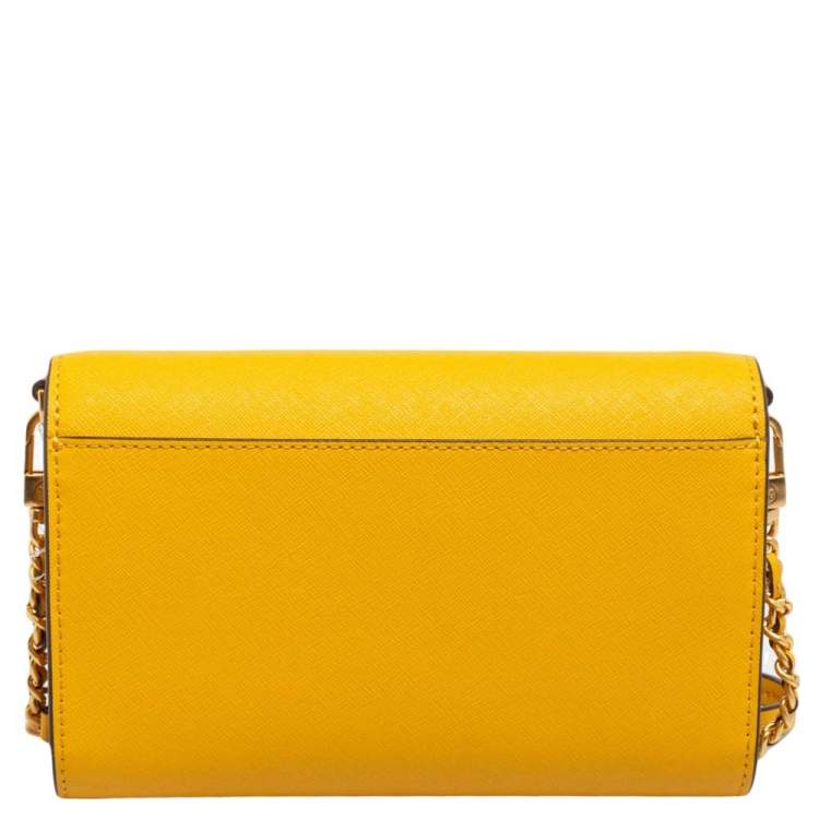 Pre Owned Tory Burch Mustard Saffiano Leather Robinson Wallet on Chain