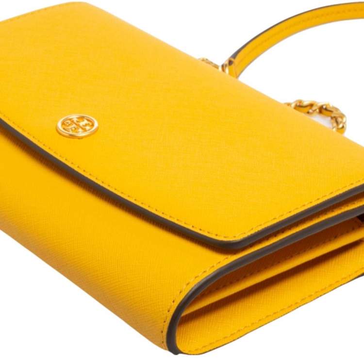 Pre Owned Tory Burch Mustard Saffiano Leather Robinson Wallet on Chain
