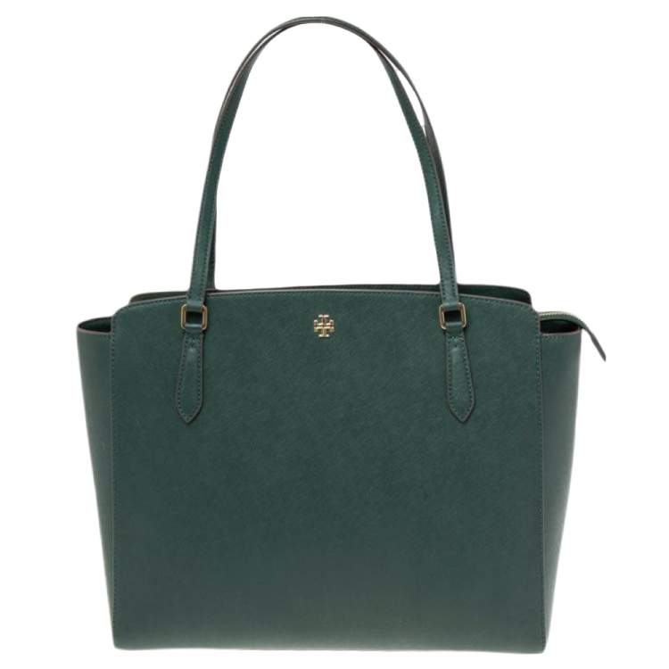 Tory Burch Dark Green Saffiano Leather Large Emerson Top Zip Tote Tory Burch