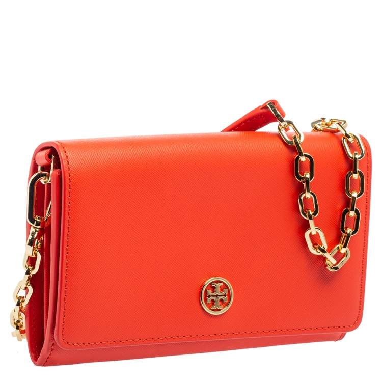 Pre Owned Tory Burch Red Leather Robinson Wallet On Chain