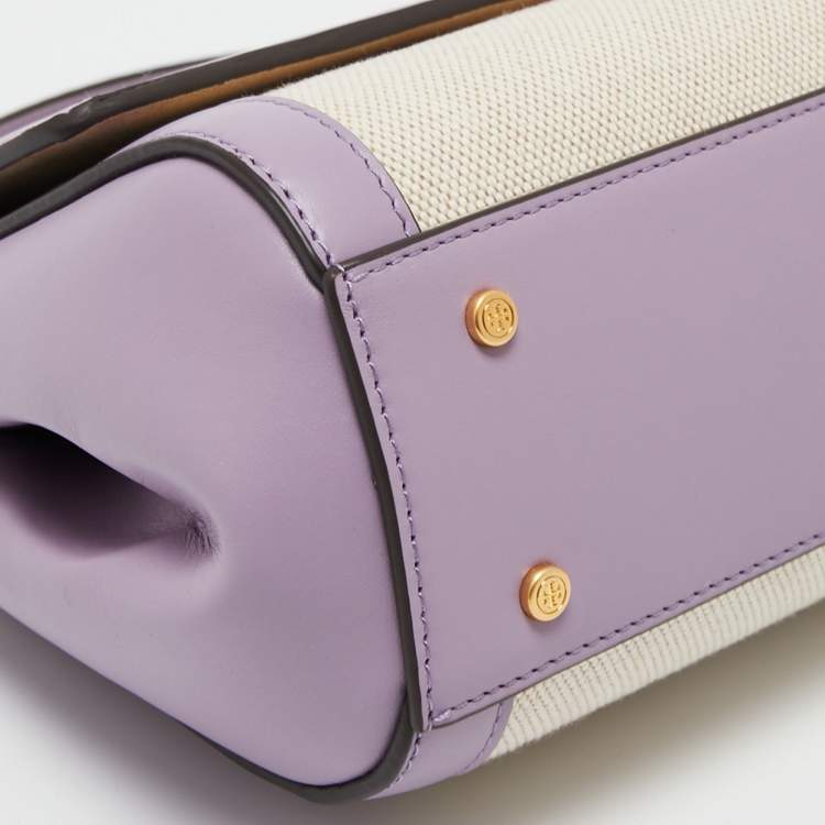 Pre Owned Tory Burch Purple/White Leather and Canvas Juliette Top Handle Bag
