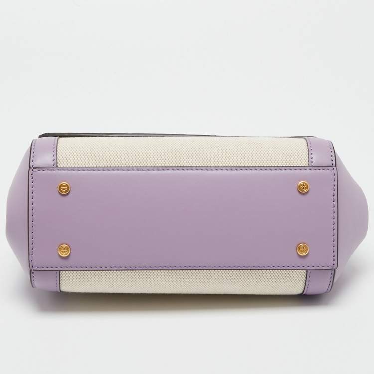 Pre Owned Tory Burch Purple/White Leather and Canvas Juliette Top Handle Bag